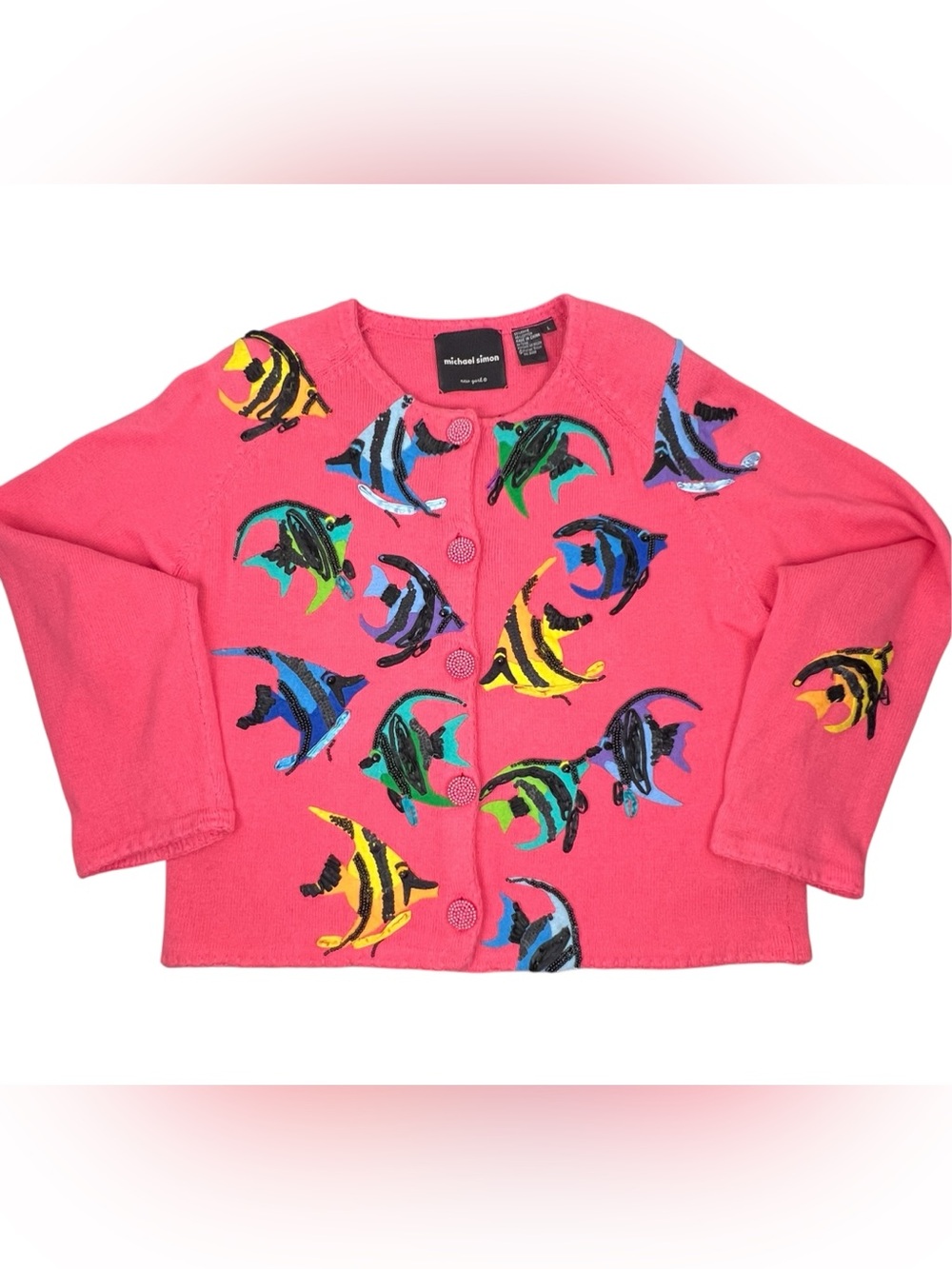 Vintage Michael Simon Event Cardigan Tropical Fish Beaded Embellished Size L